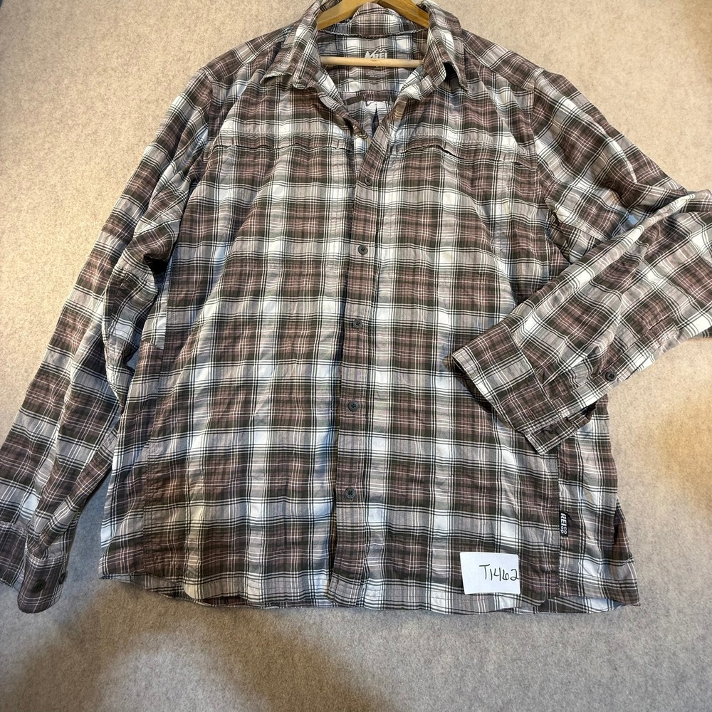REI Co-op Mens Brown White Plaid Long Sleeve Button Down Hiking Shirt Large